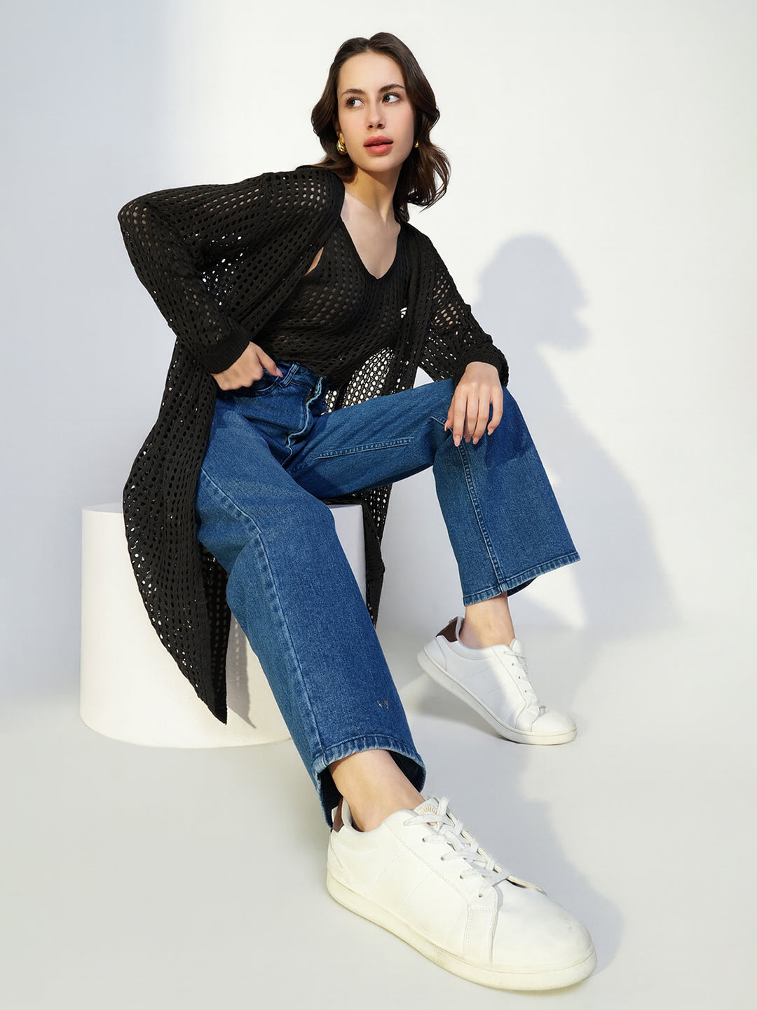 Women's Crochet Black Crop Top with Longline Shrug