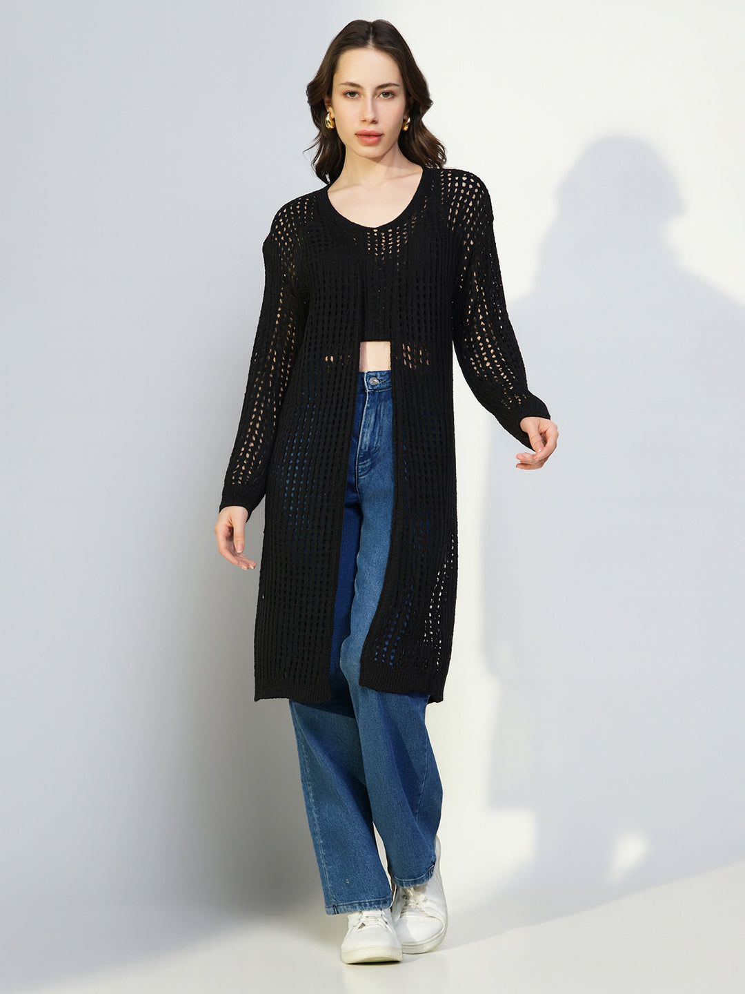 Women's Crochet Black Crop Top with Longline Shrug