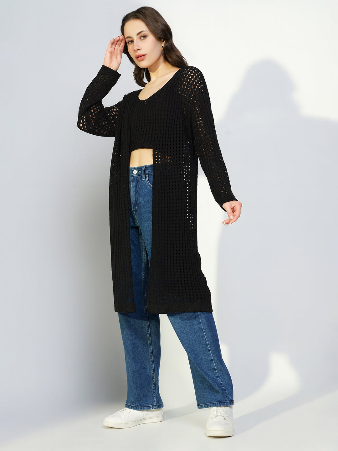 Women's Crochet Black Crop Top with Longline Shrug