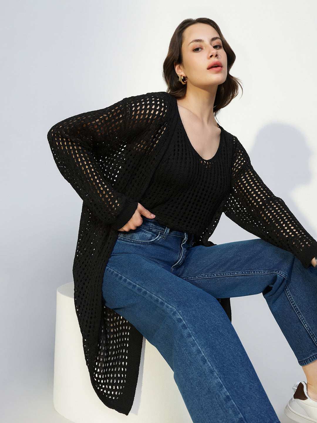 Women's Crochet Black Crop Top with Longline Shrug