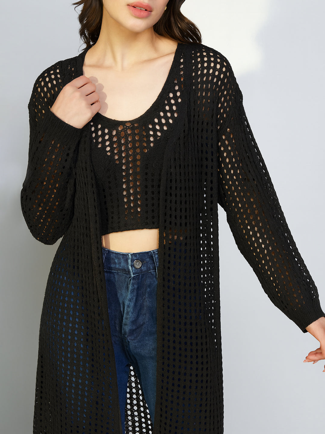 Women's Crochet Black Crop Top with Longline Shrug