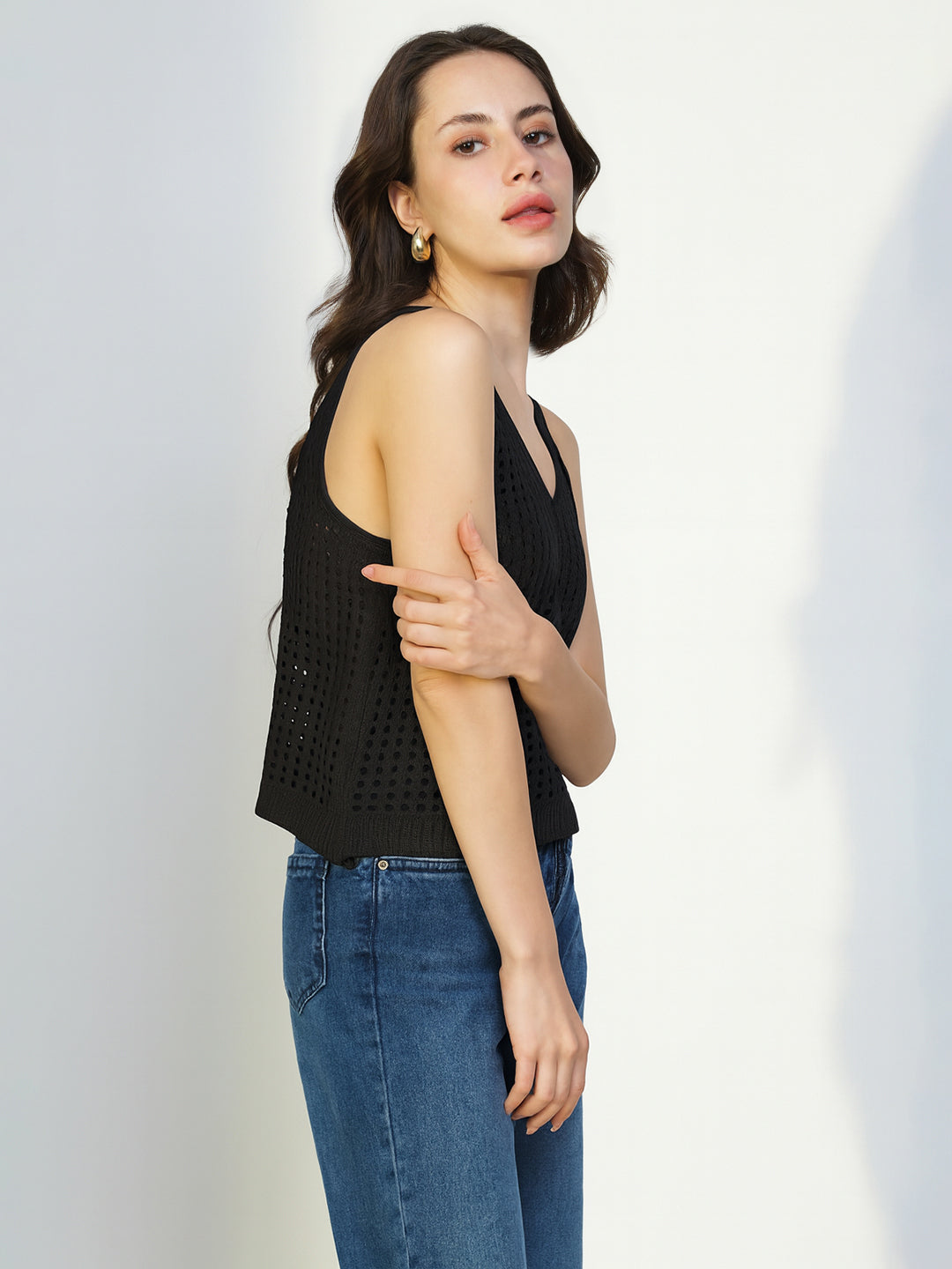 Women's Crochet Black Crop Top with Longline Shrug