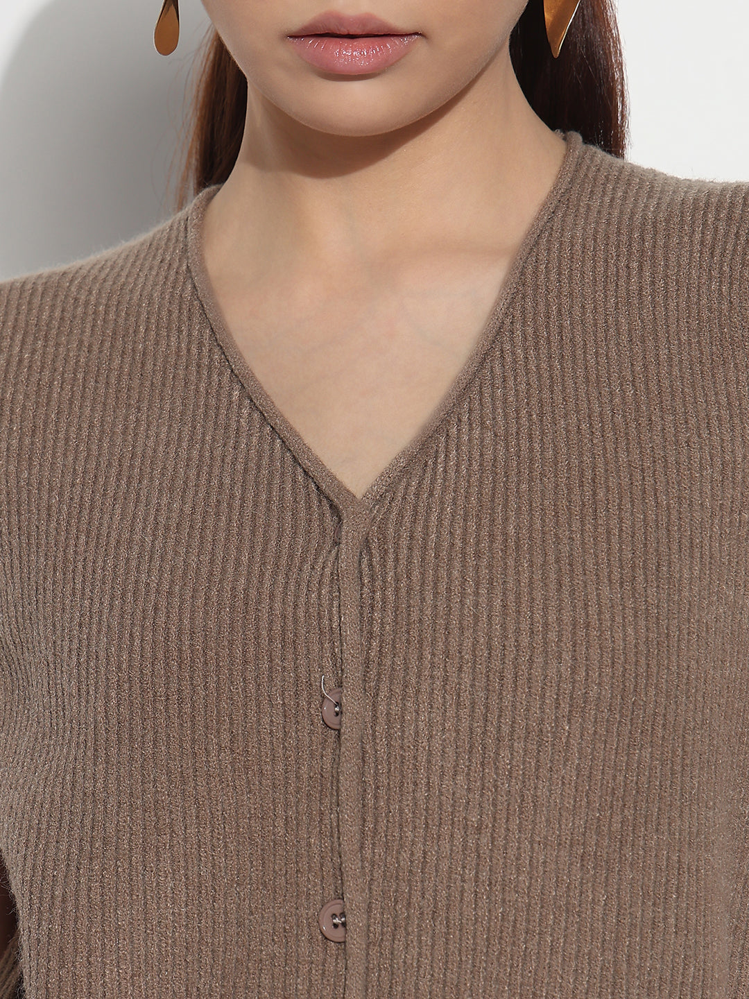 Women's Ribbed Brown V-Neck Sleeveless Knitted Top