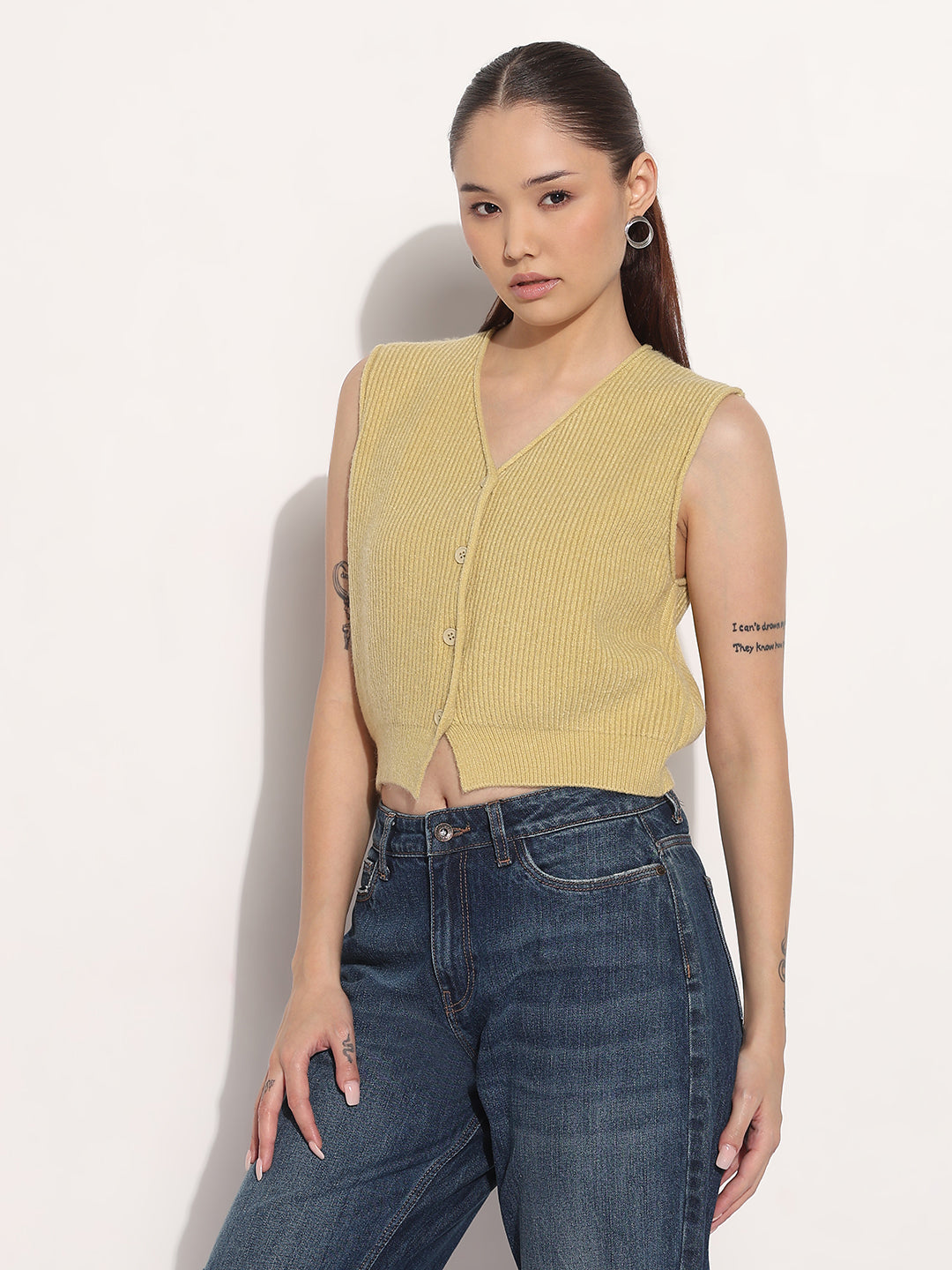 Women's Ribbed Mustard V-Neck Sleeveless Knitted Top