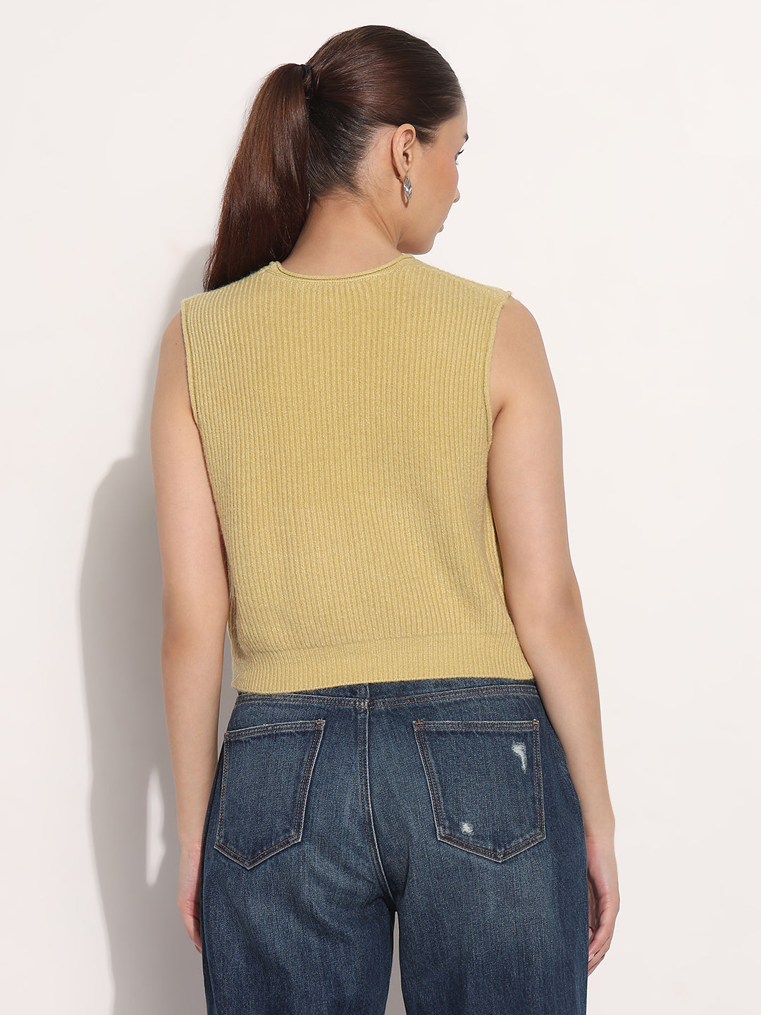 Women's Ribbed Mustard V-Neck Sleeveless Knitted Top