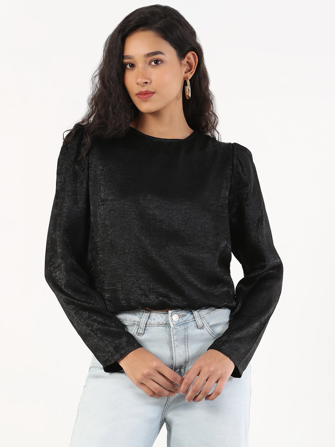 Women Casual Solid Round Neck Black Top