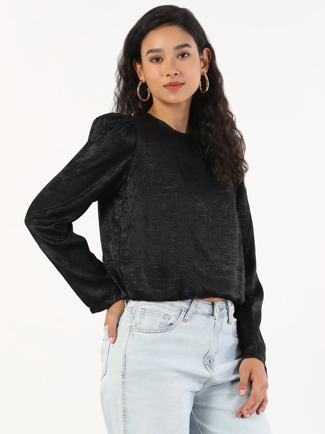 Women Casual Solid Round Neck Black Top