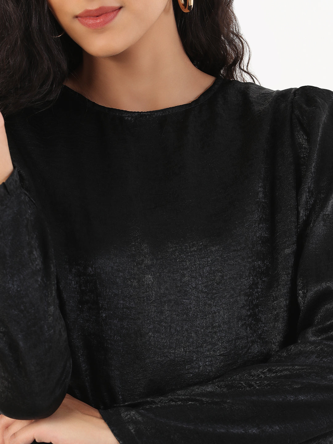 Women Casual Solid Round Neck Black Top