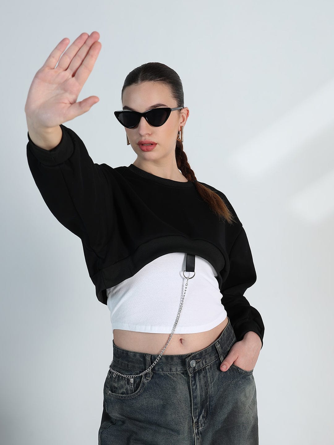 Women's Black Crop Sweatshirt with Chain Detail