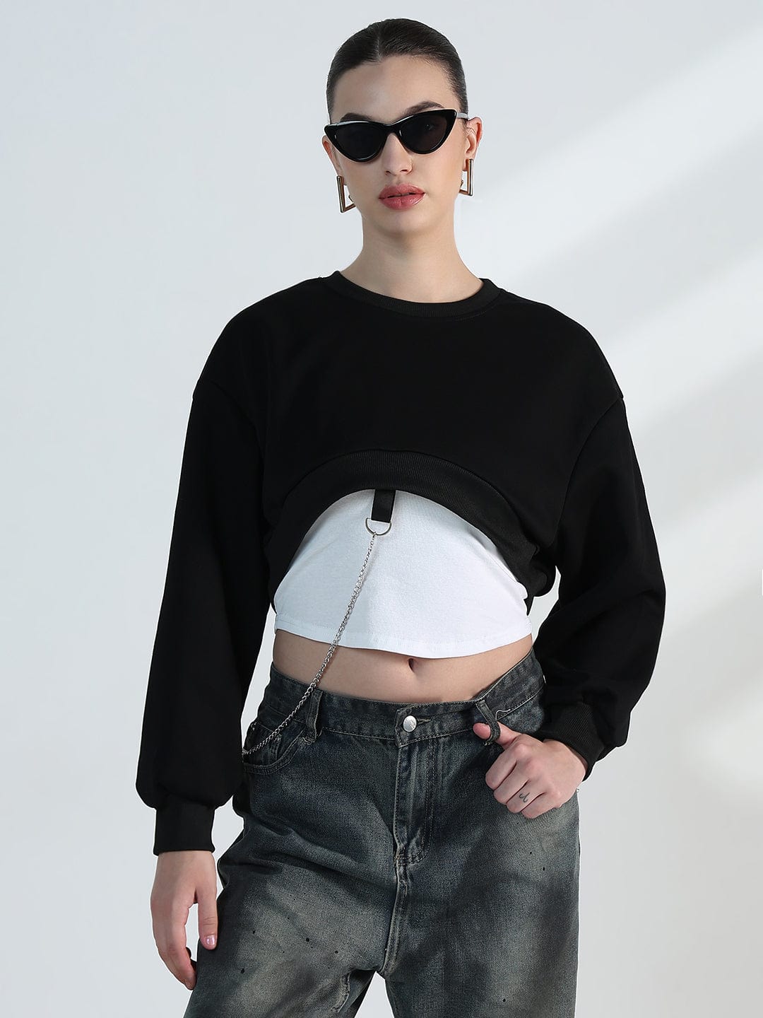 Women's Black Crop Sweatshirt with Chain Detail