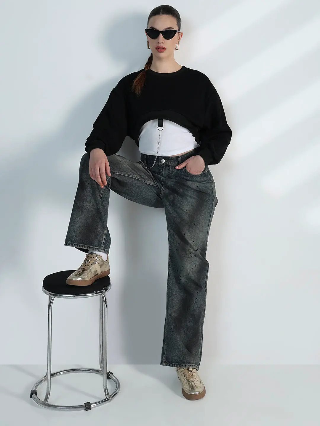 Women's Black Crop Sweatshirt with Chain Detail - from SHOWOFFFF