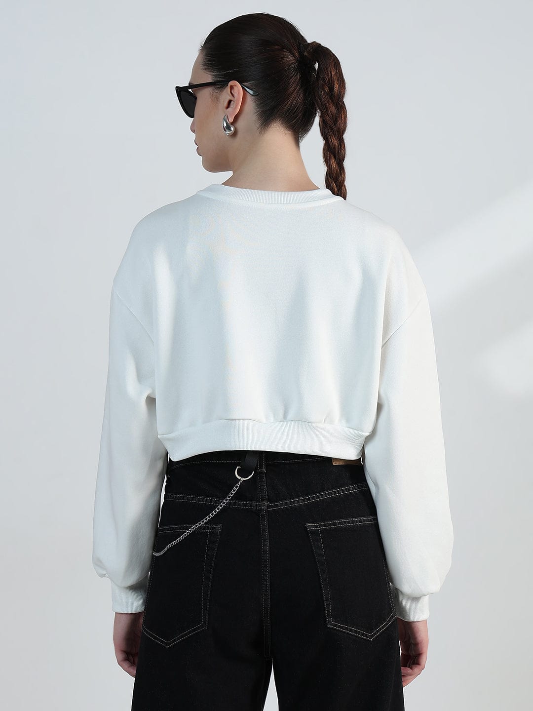Women's White Crop Sweatshirt with Chain Detail