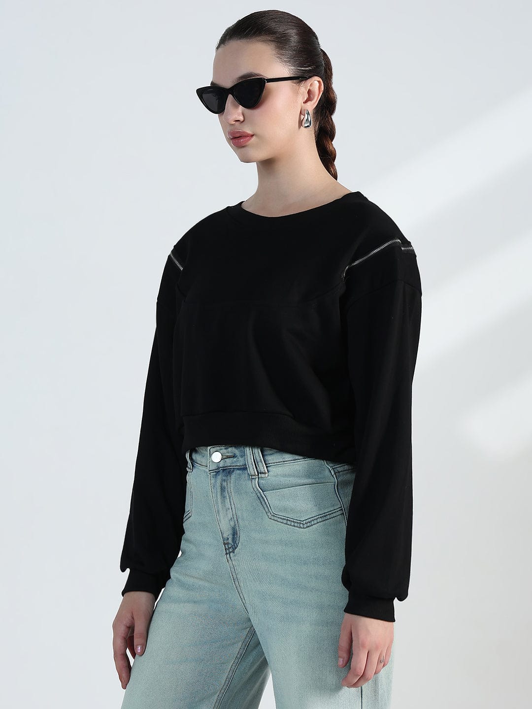 Women's Black Oversized Sweatshirt with Shoulder Zips