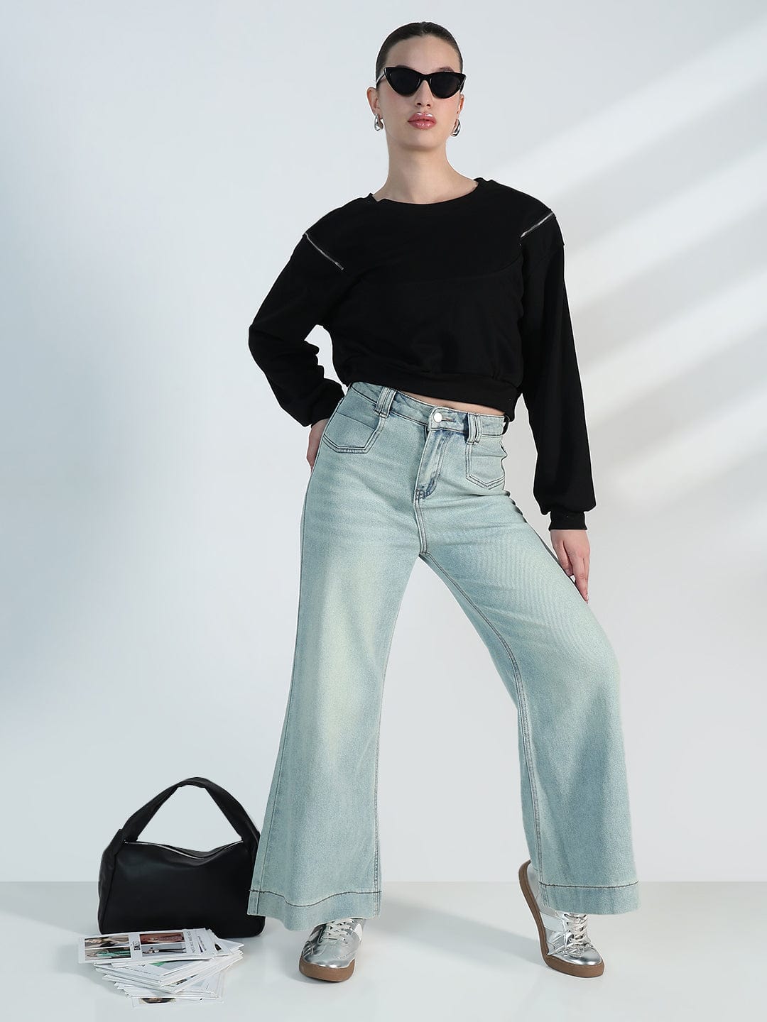 Women's Black Oversized Sweatshirt with Shoulder Zips