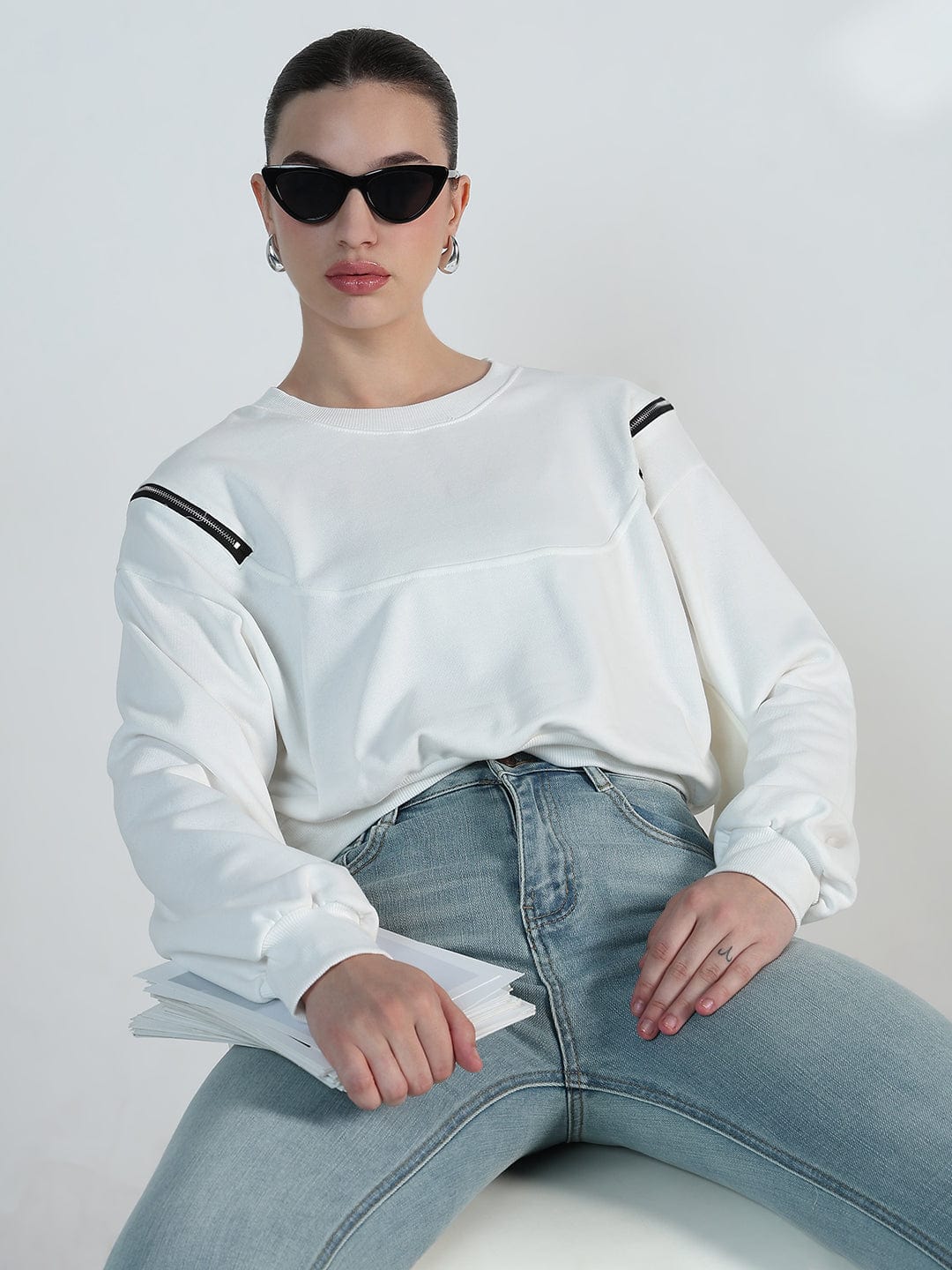 Women's White Oversized Sweatshirt with Shoulder Zips