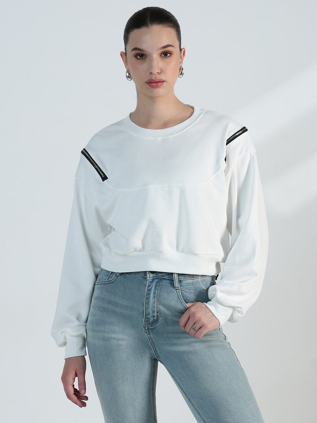 Women's White Oversized Sweatshirt with Shoulder Zips