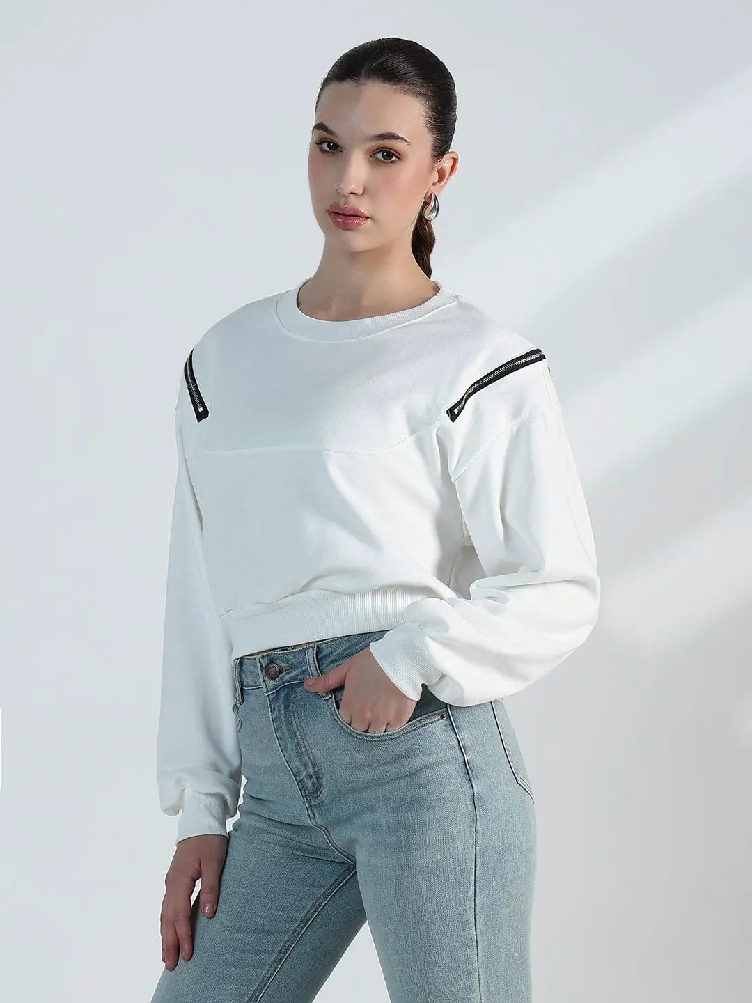 Women's White Oversized Sweatshirt with Shoulder Zips - Uncategorized from SHOWOFFFF