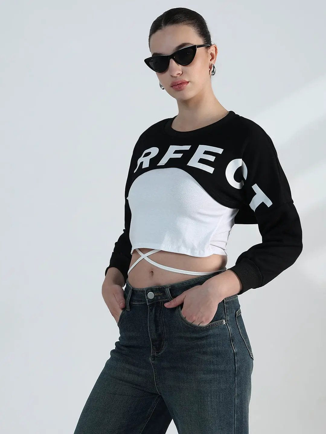 Women's Graphic Black Crop Sweatshirt with Wrap Detail - from SHOWOFFFF