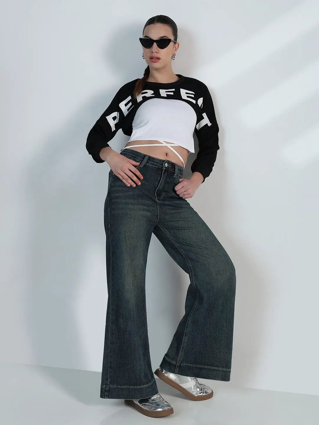 Women's Graphic Black Crop Sweatshirt with Wrap Detail - from SHOWOFFFF