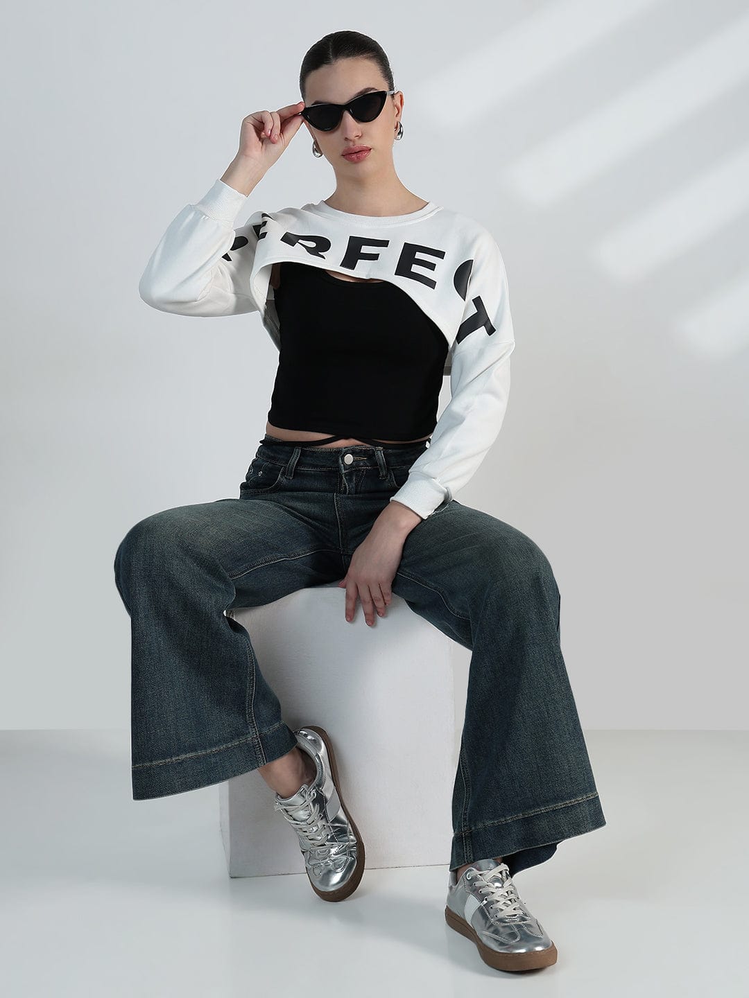 Women's Graphic White Crop Sweatshirt with Wrap Detail