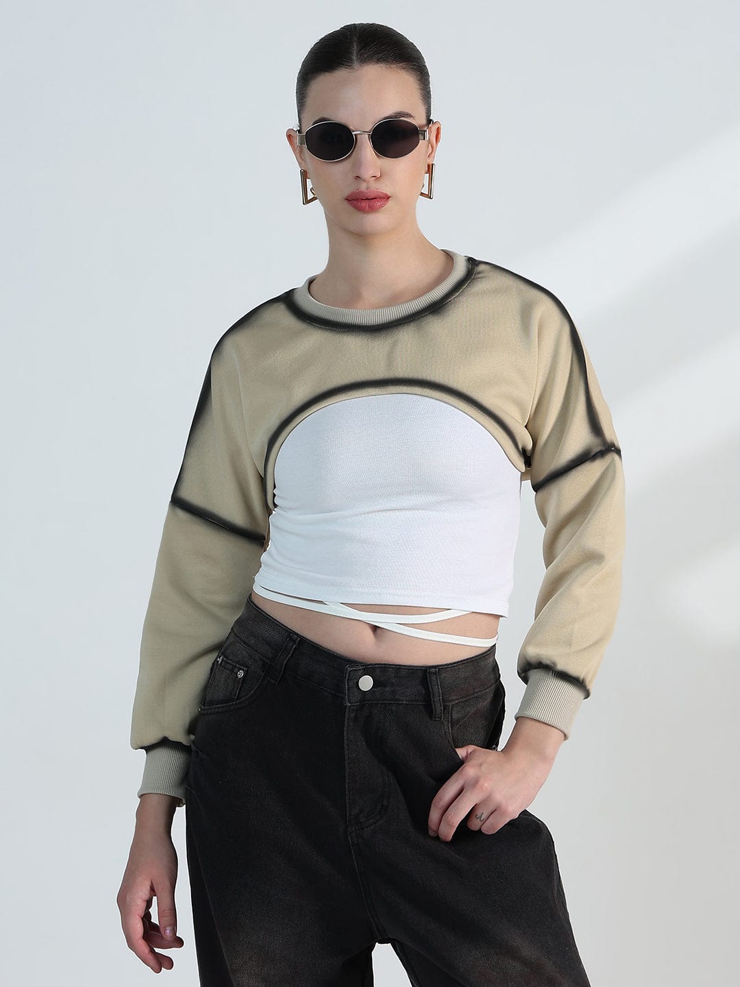 Women's Beige Oversized Crop Top with Inner Tank Top