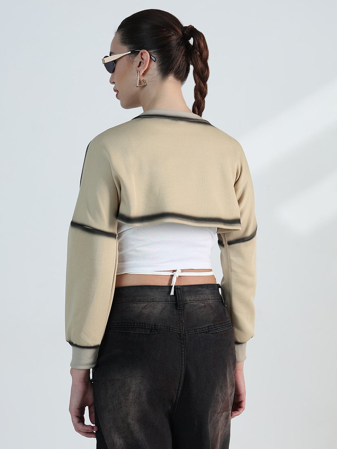 Women's Beige Oversized Crop Top with Inner Tank Top