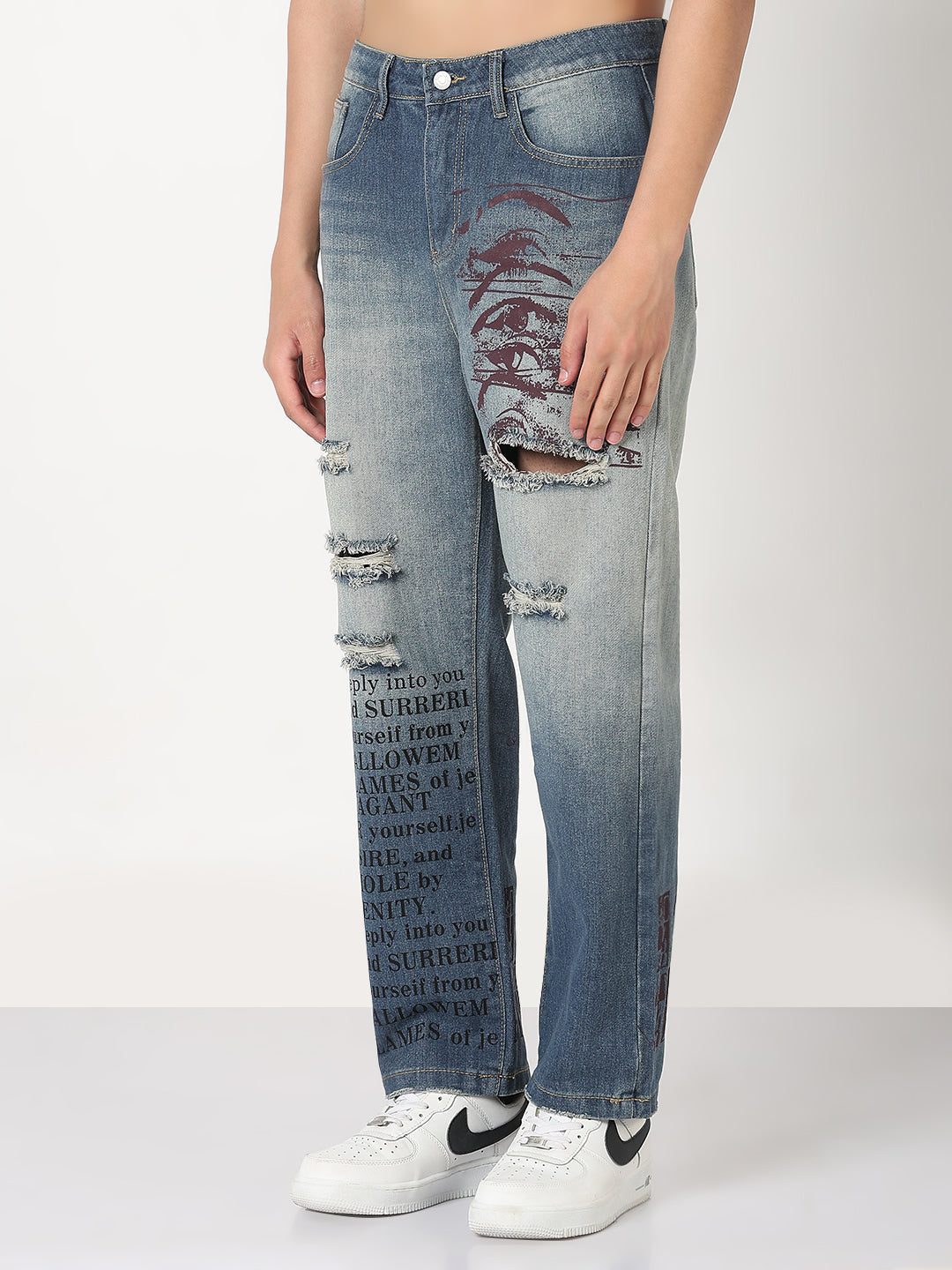 Men's Blue Graphic Print Distressed Straight Fit Jeans
