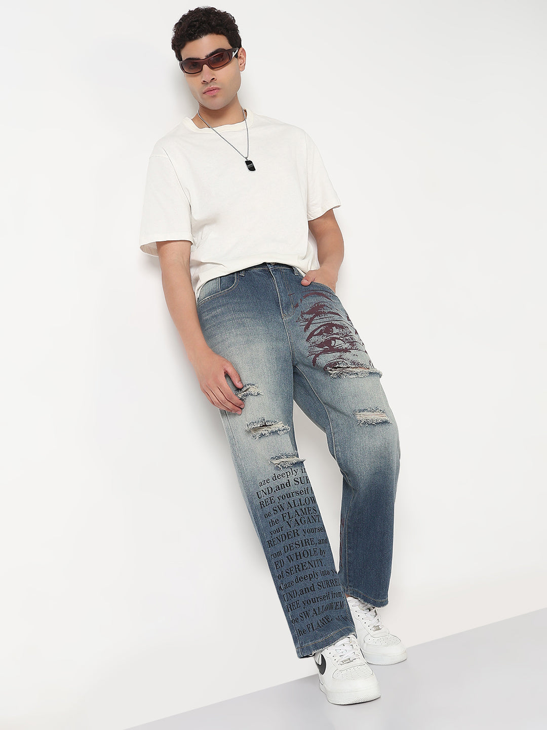 Men's Blue Graphic Print Distressed Straight Fit Jeans