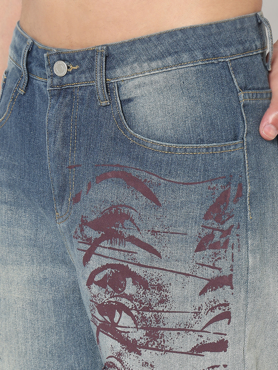 Men's Blue Graphic Print Distressed Straight Fit Jeans