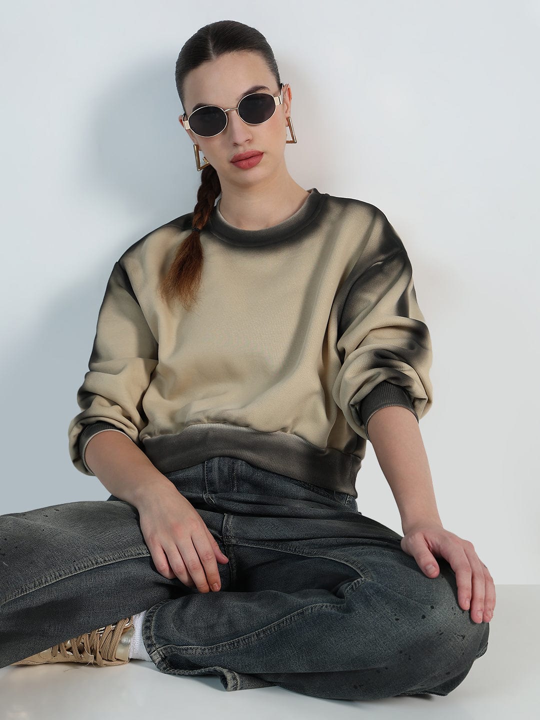 Women's Beige Round neck Oversized Sweatshirt