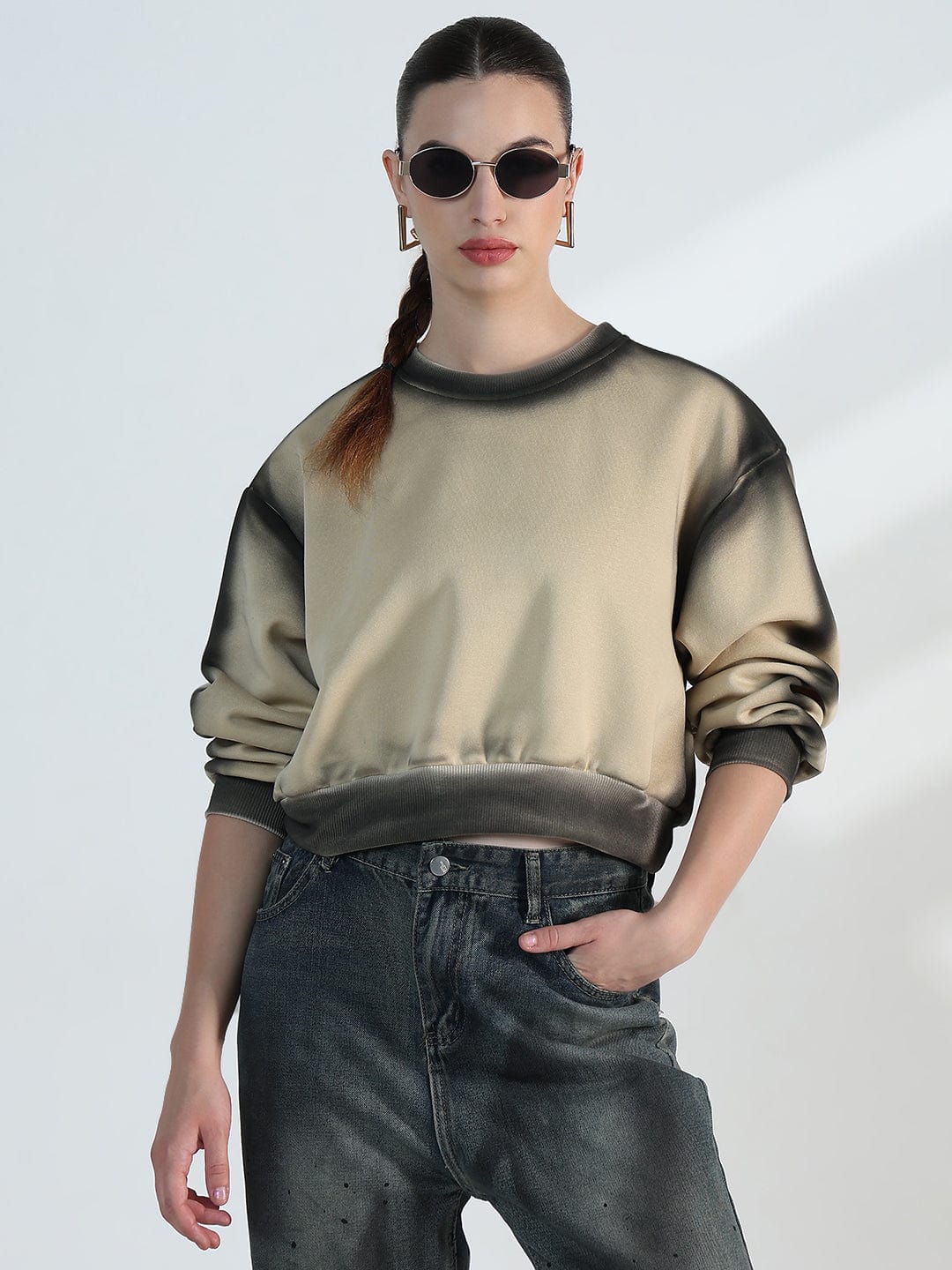 Women's Beige Round neck Oversized Sweatshirt
