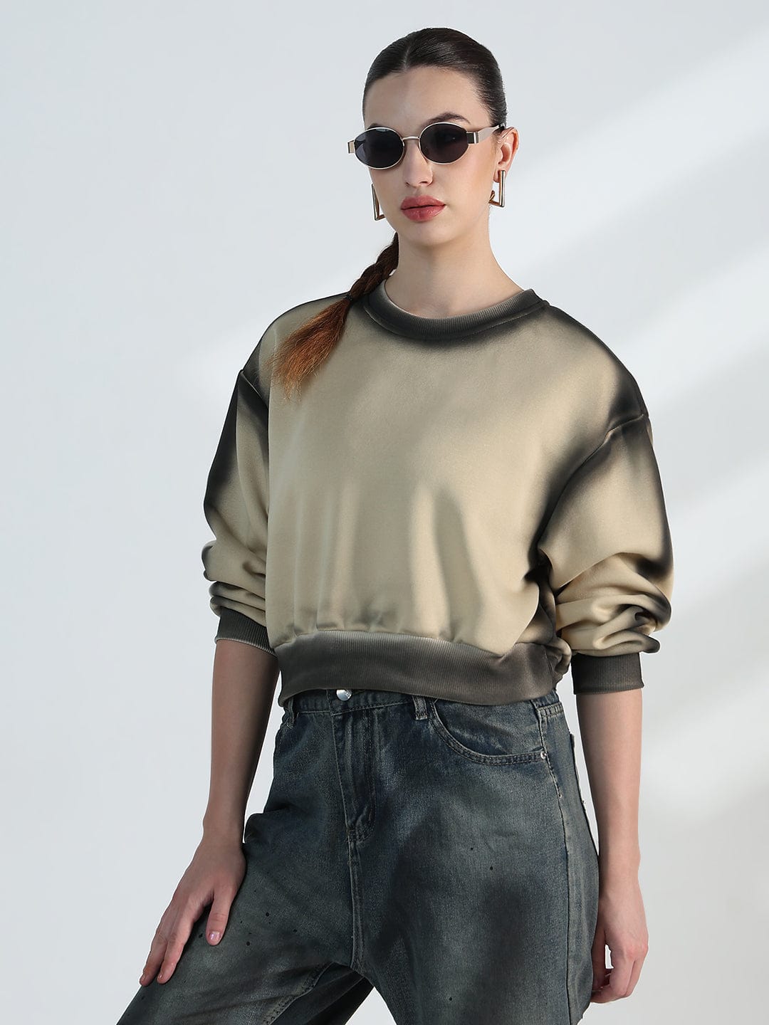 Women's Beige Round neck Oversized Sweatshirt