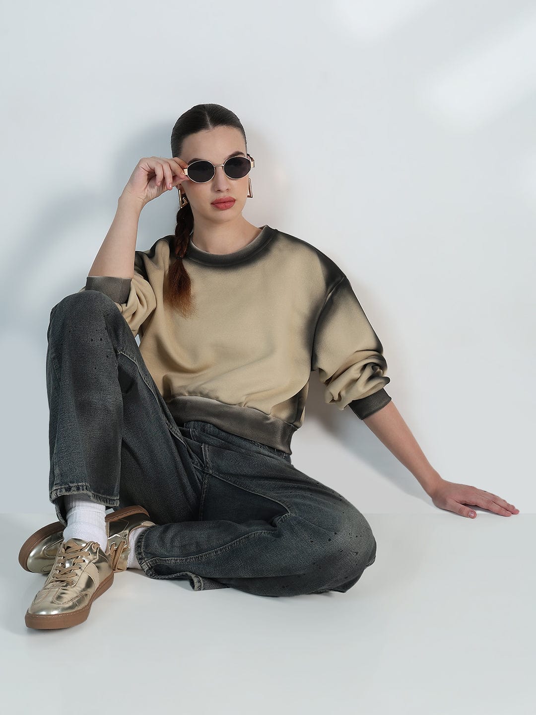 Women's Beige Round neck Oversized Sweatshirt