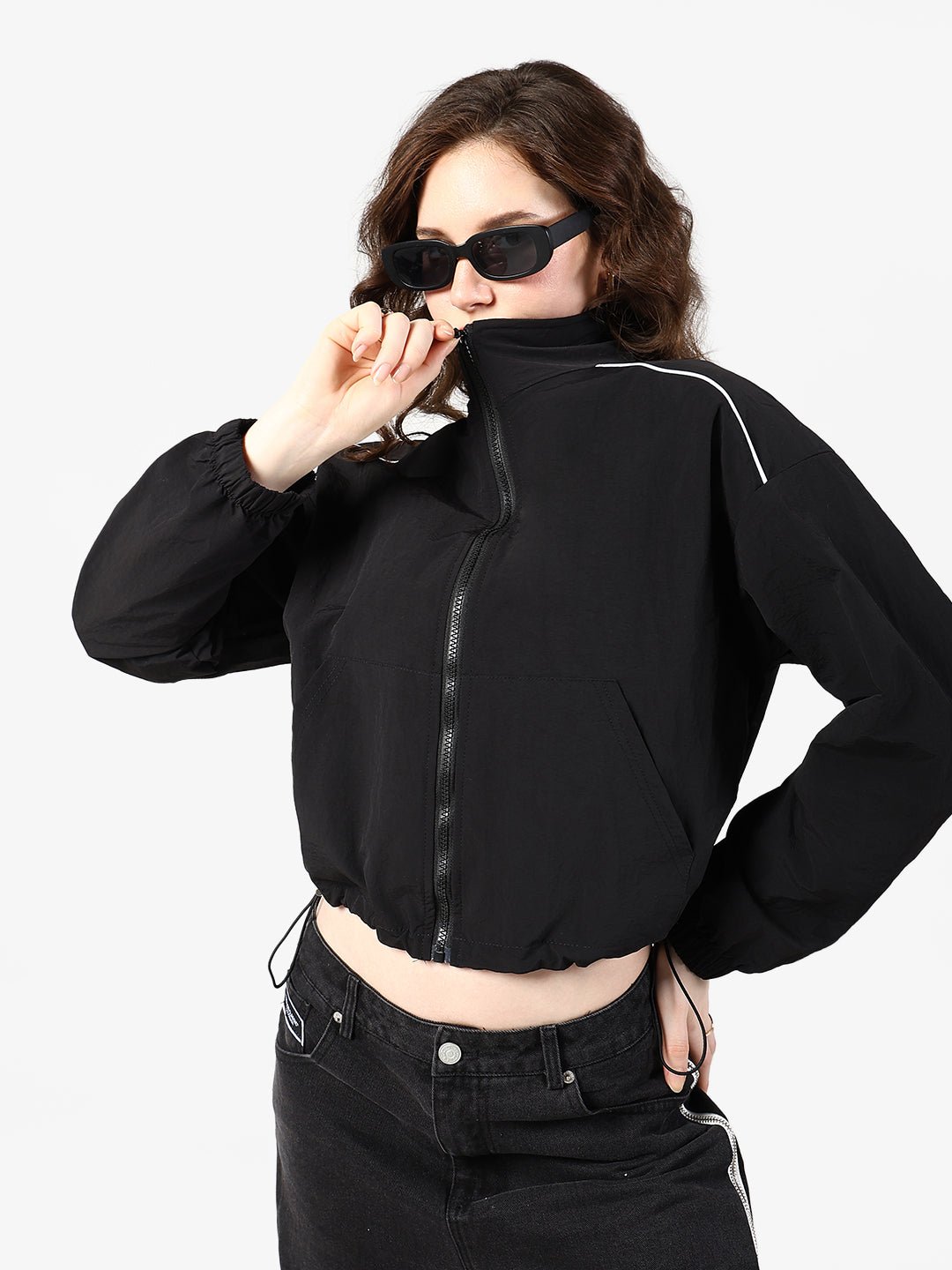 Women's Black Zipper Jacket with Contrast Piping