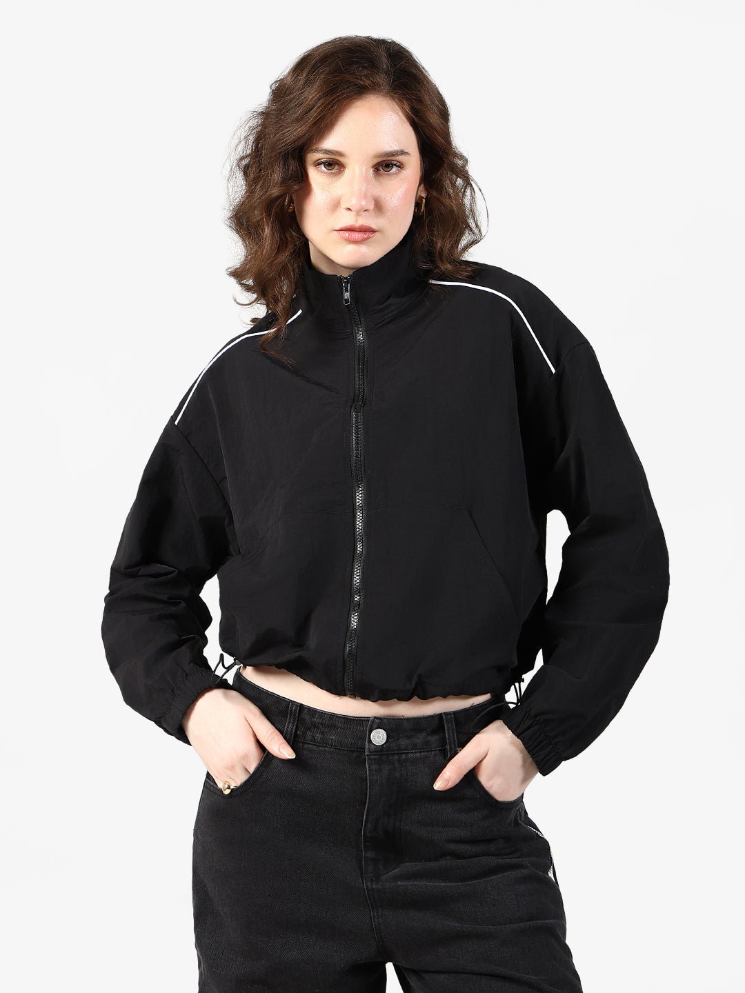 Women's Black Zipper Jacket with Contrast Piping