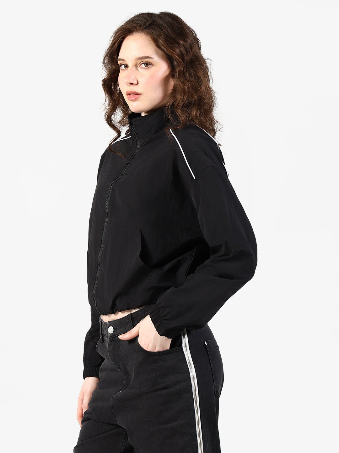 Women's Black Zipper Jacket with Contrast Piping