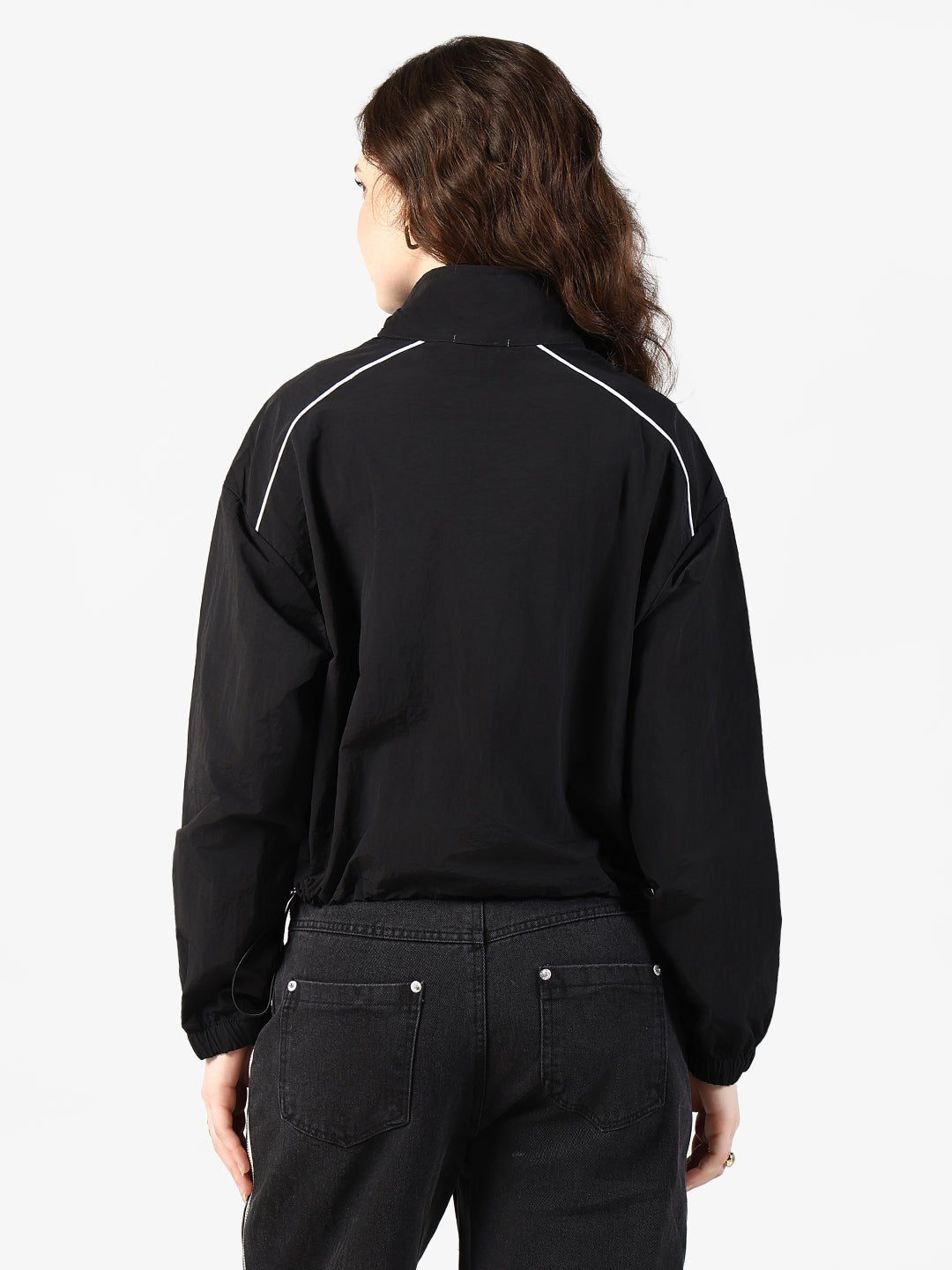Women's Black Zipper Jacket with Contrast Piping