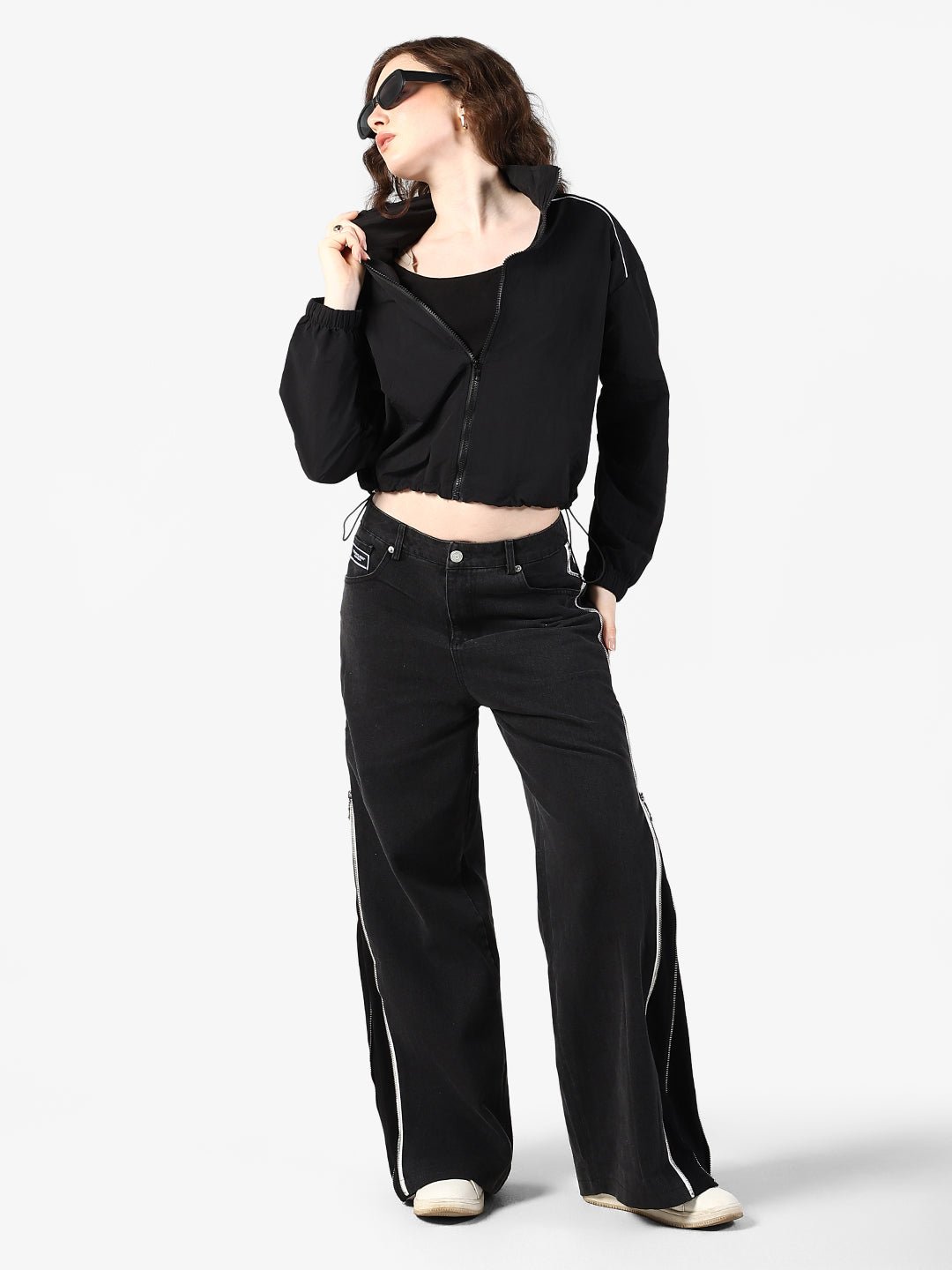 Women's Black Zipper Jacket with Contrast Piping