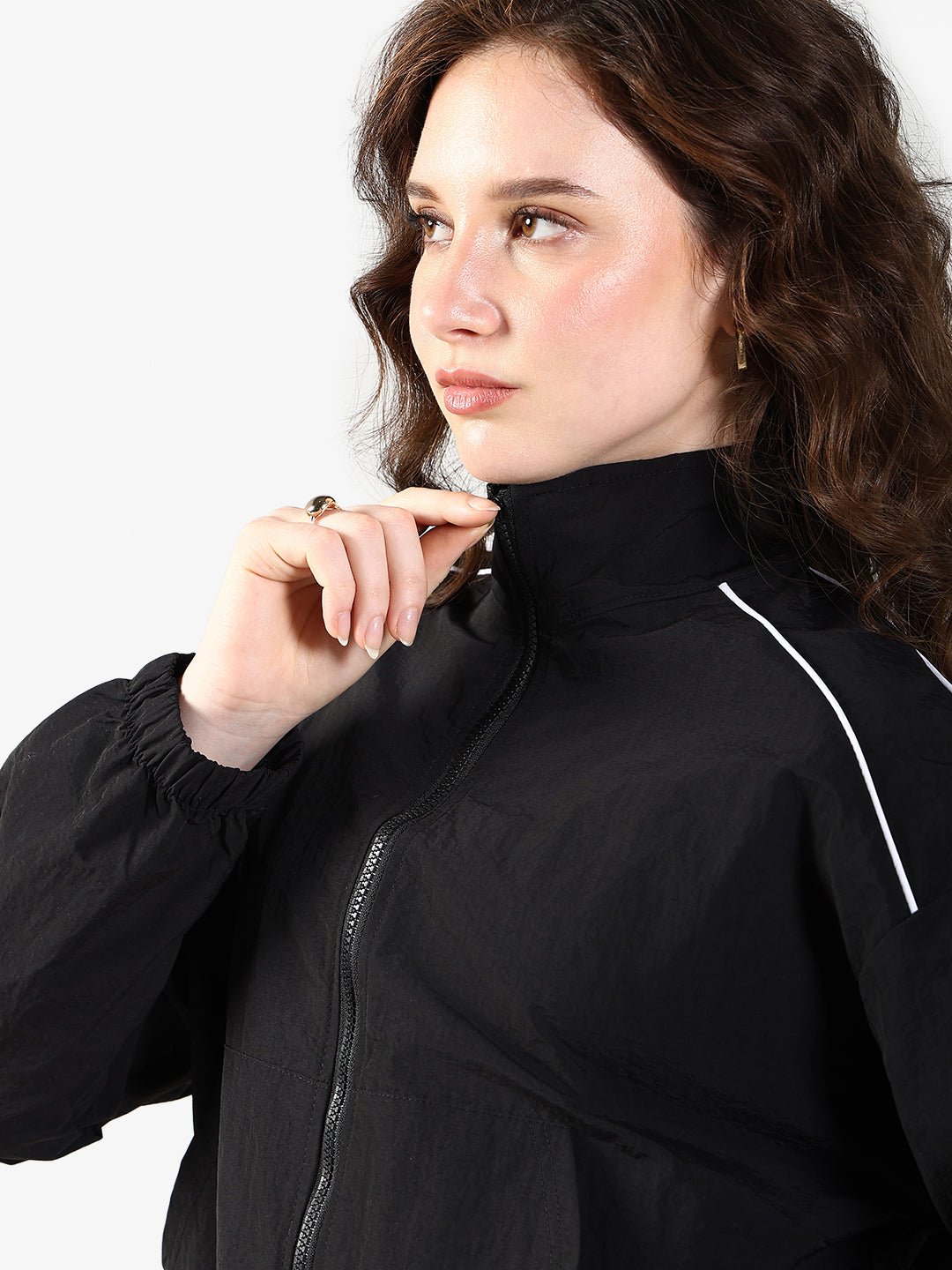 Women's Black Zipper Jacket with Contrast Piping