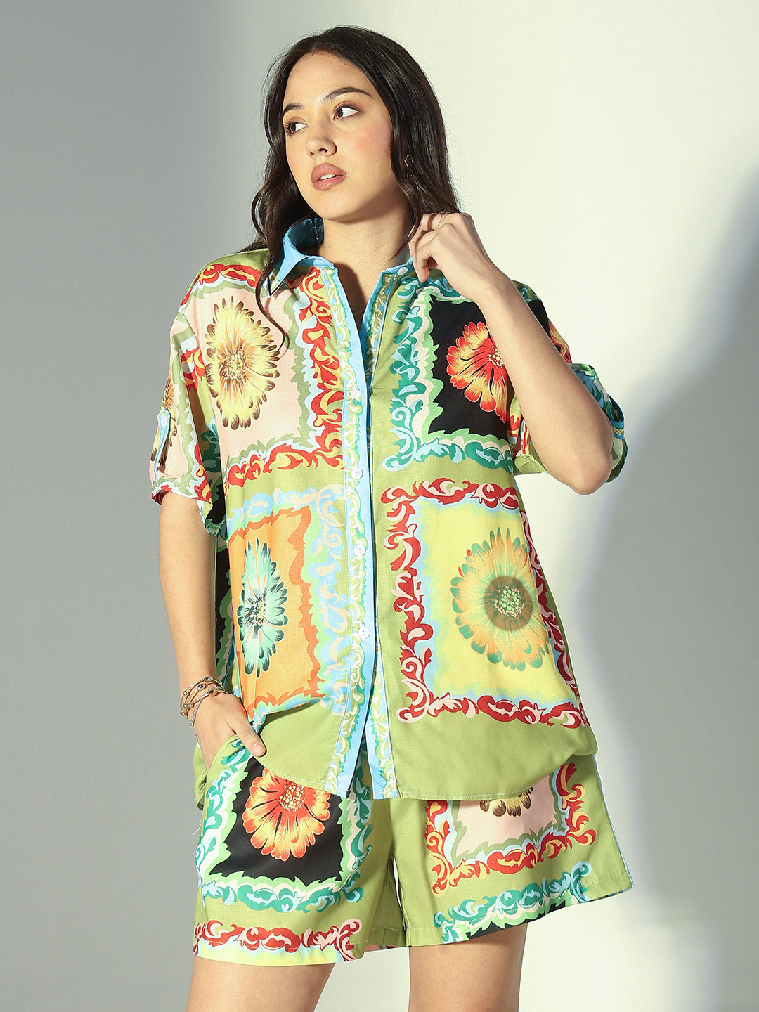 Women's Floral Print Green Shirt & Shorts Co-Ord Set