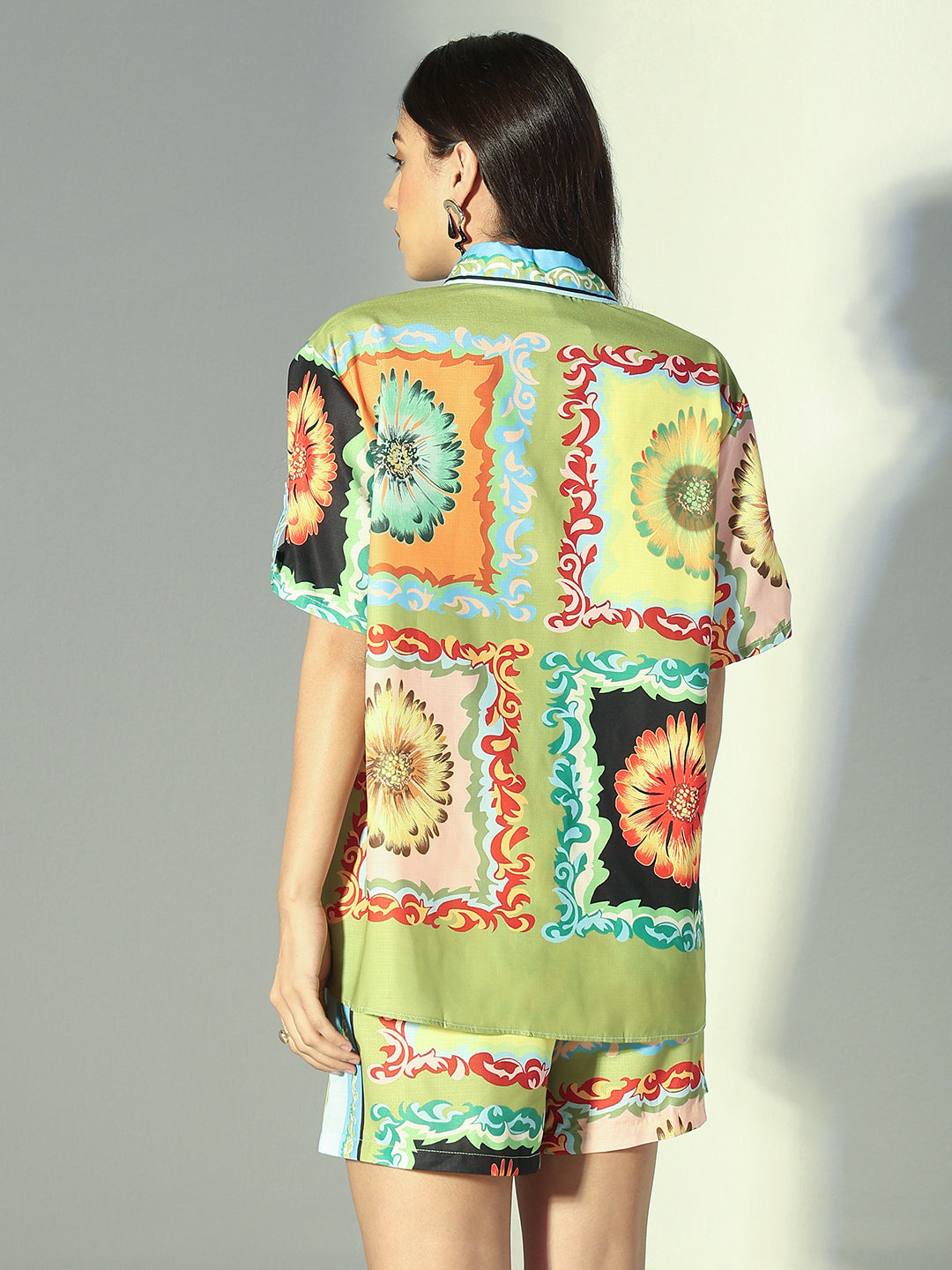 Women's Floral Print Green Shirt & Shorts Co-Ord Set