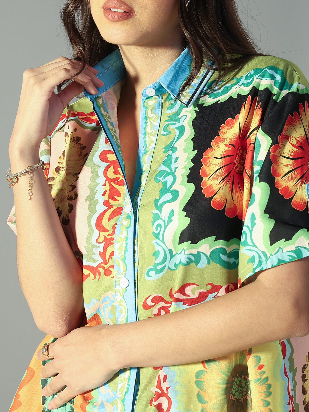 Women's Floral Print Green Shirt & Shorts Co-Ord Set