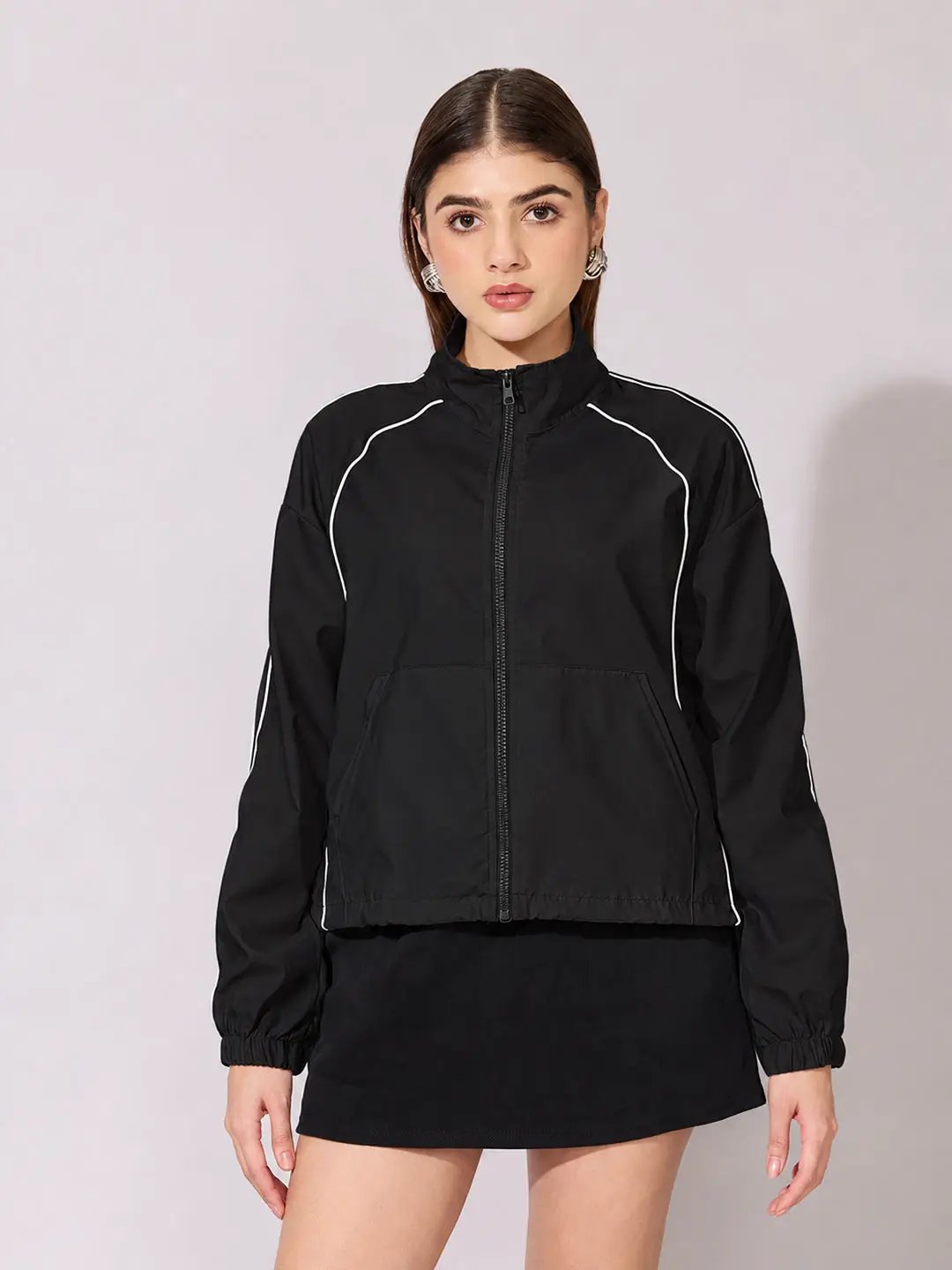 Women's Black Bomber Zip Up Jacket with White Contrast Piping and Elasticated Cuffs
