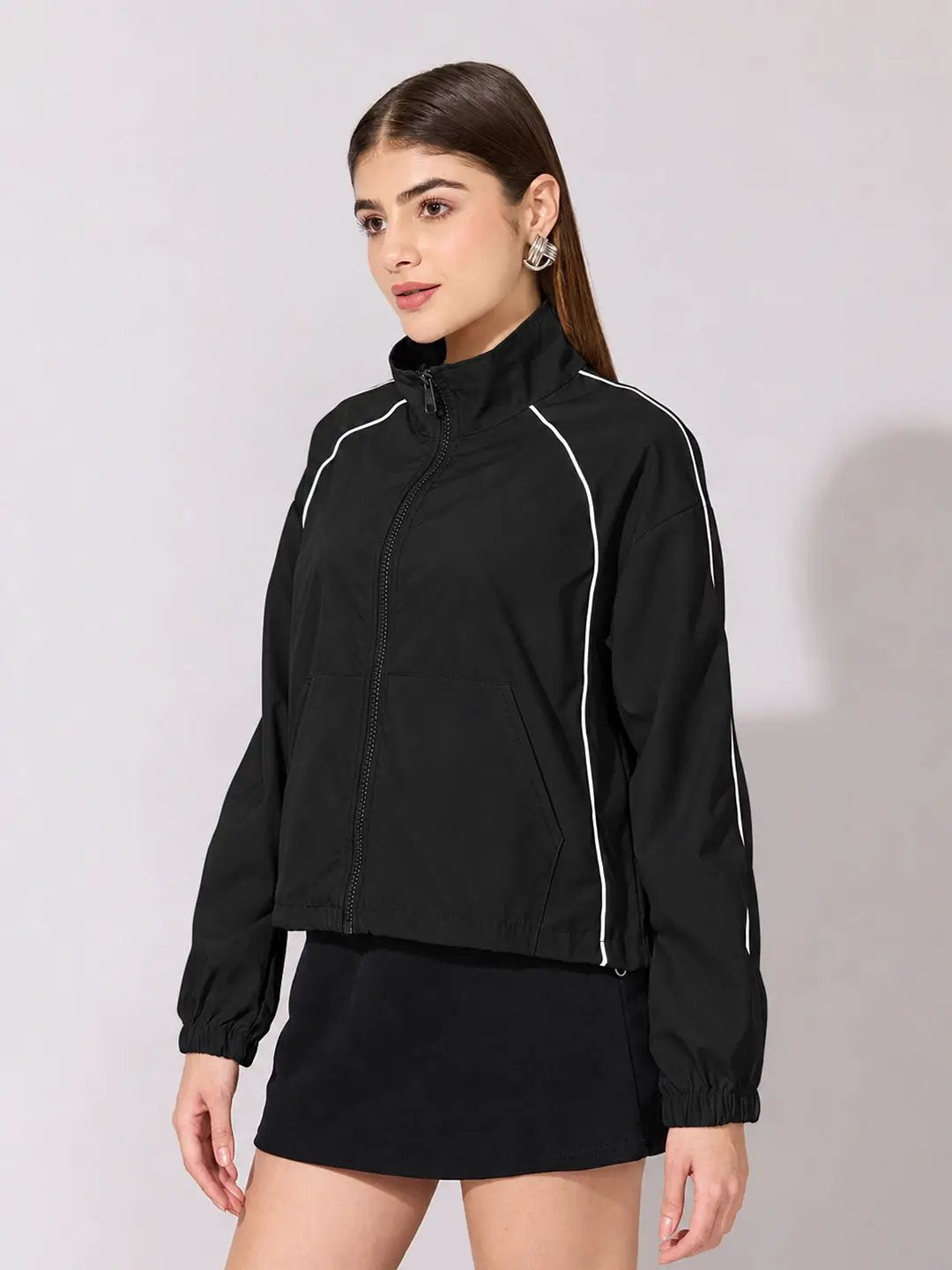 Women's Black Bomber Zip Up Jacket with White Contrast Piping and Elasticated Cuffs