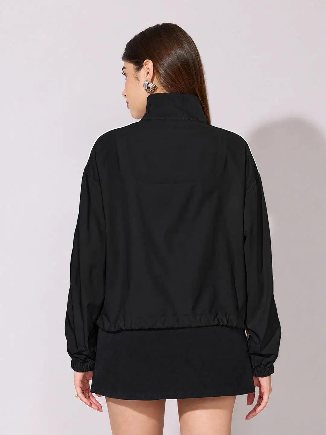 Women's Black Bomber Zip Up Jacket with White Contrast Piping and Elasticated Cuffs