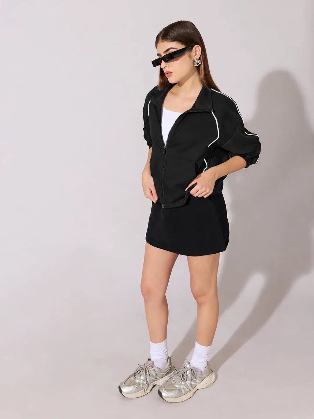 Women's Black Bomber Zip Up Jacket with White Contrast Piping and Elasticated Cuffs