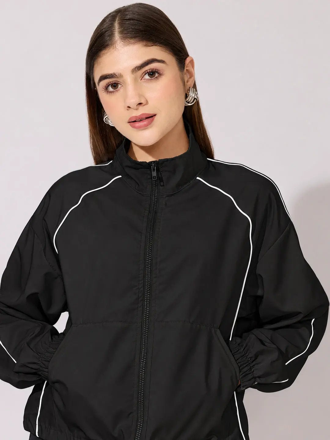Women's Black Bomber Zip Up Jacket with White Contrast Piping and Elasticated Cuffs
