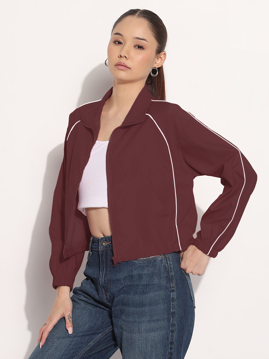 Women's Maroon Shirt Collar Bomber Jacket with Piping Detail