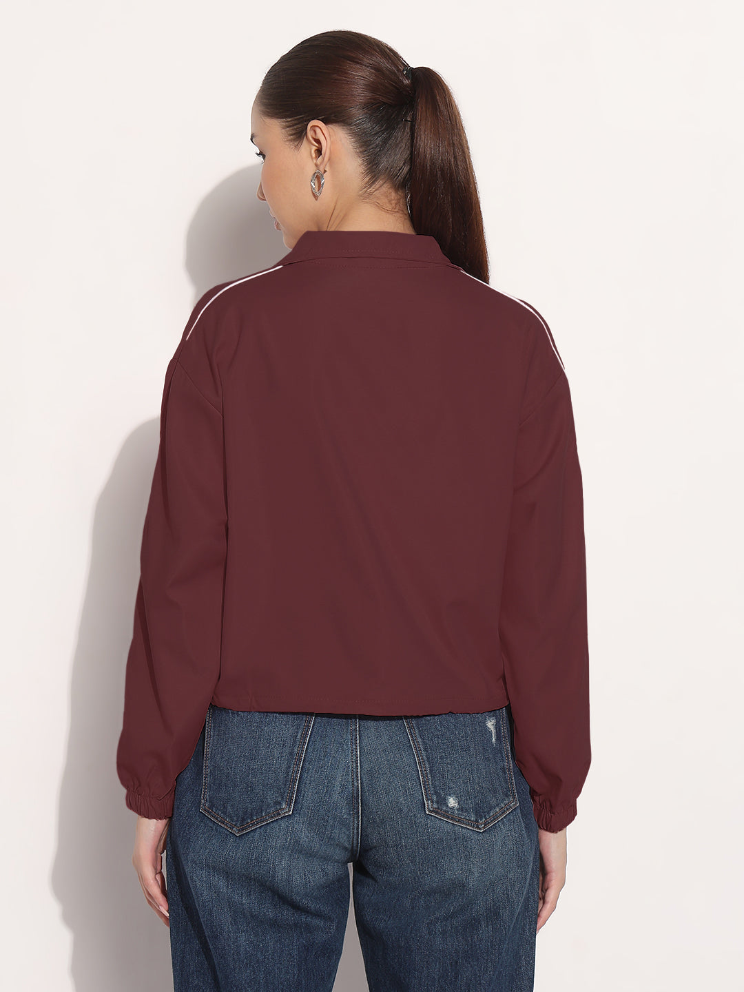 Women's Maroon Shirt Collar Bomber Jacket with Piping Detail