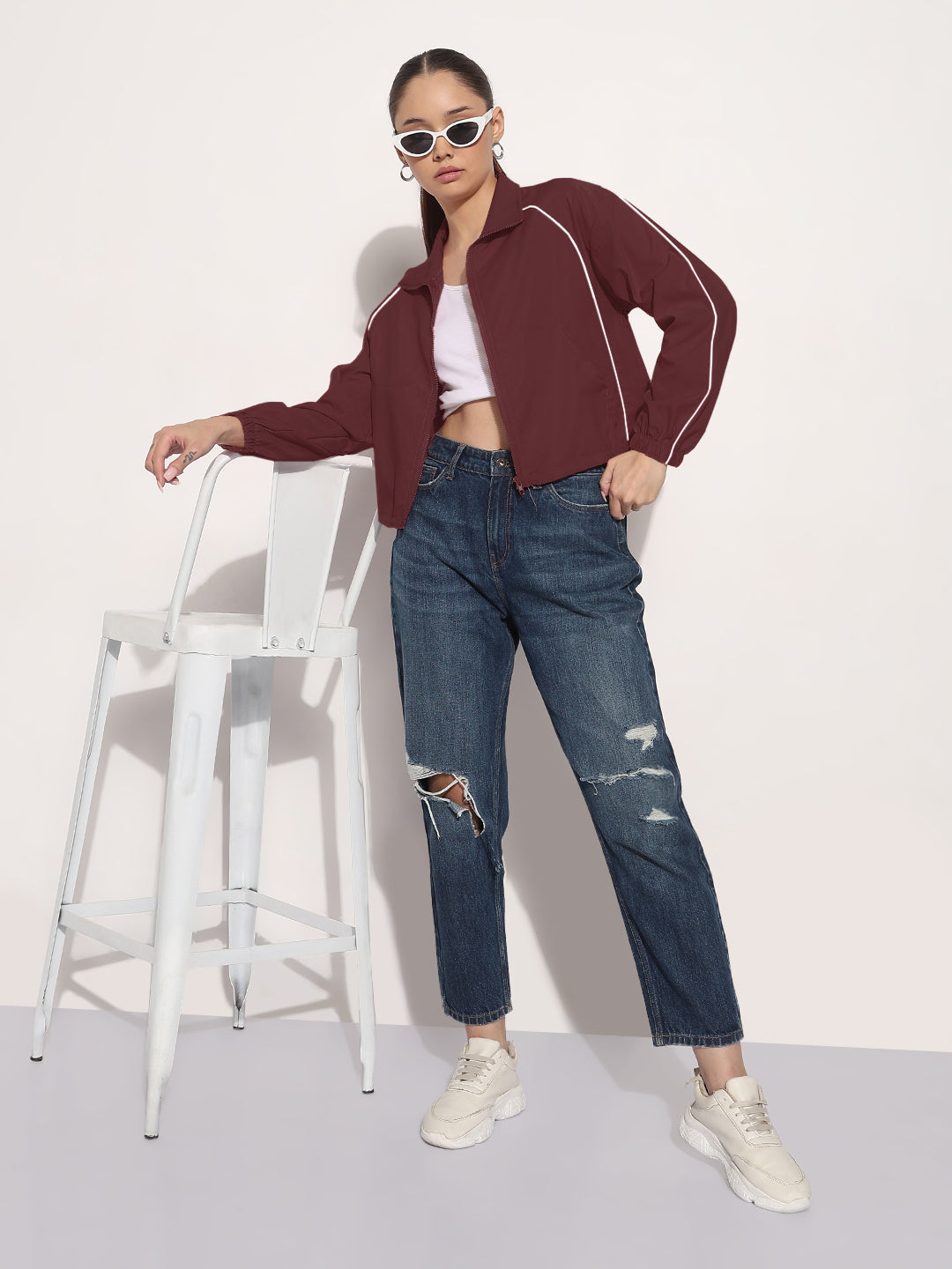 Women's Maroon Shirt Collar Bomber Jacket with Piping Detail